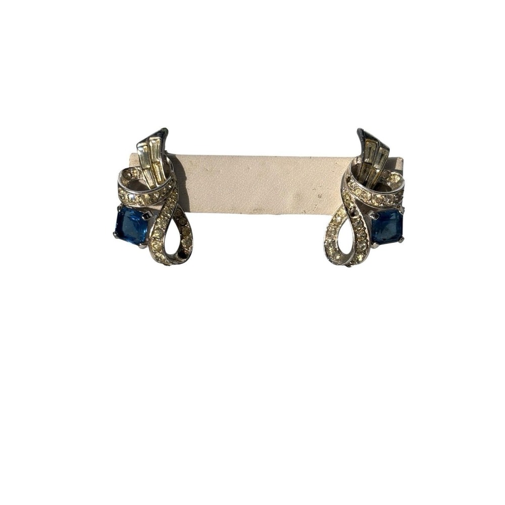Vintage Signed Boucher Silver Tone Blue and Clear Glass Ribbon Clip On Earrings